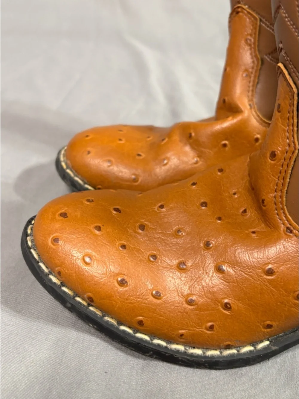Old West Kids Cowboy Boots Size 13 Ostrich Textured Leather Brown Western Boots